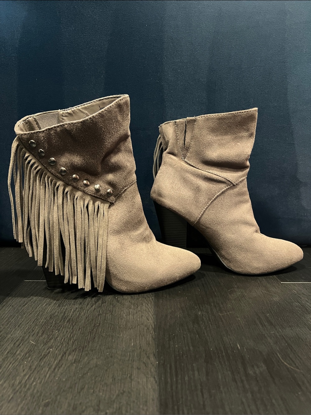 Charlotte Russe Taupe Fringe & Stud Ankle Boots